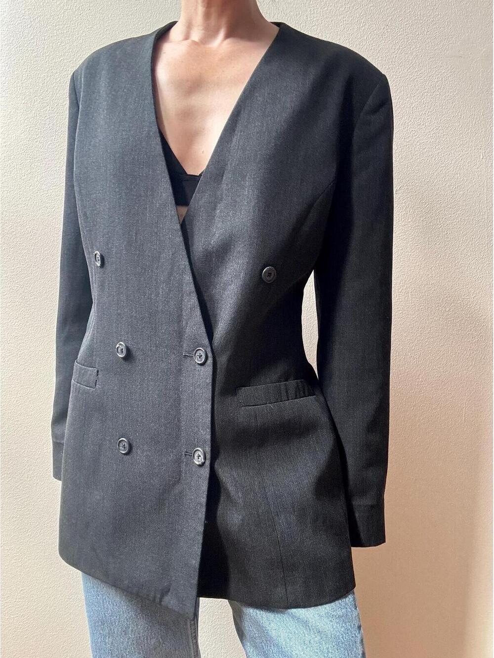 1980s Charcoal Gray Collarless Wool Blend Blazer